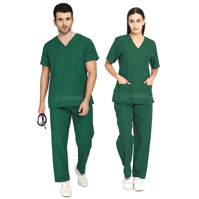 IndoSurgicals Scrub Suit for Doctors, Unisex, Poly Cotton (Bottle Green)