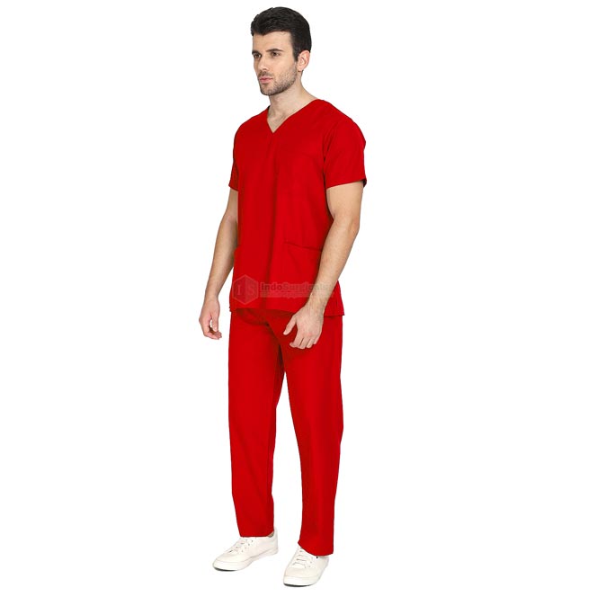 IndoSurgicals Scrub Suit for Doctors, Unisex, Poly Cotton (Red) Additional View