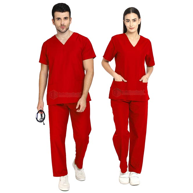 IndoSurgicals Scrub Suit for Doctors, Unisex, Poly Cotton (Red)